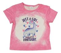 Růžovo-bílé tričko s dinosaurem