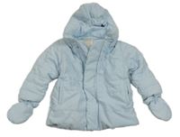 Světlemodrá šusťáková zimní bunda s odepínací kapucí + rukavice Emile et Rose