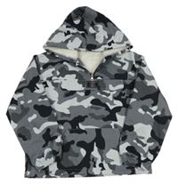 Šedo-černo-bílá army šusťáková zateplená bunda s kapucí Shein