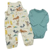 2set - Smetanové manšestrové laclové kalhoty se zvířátky + zelené boy M&S