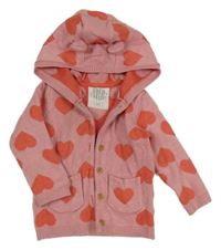 Růžový propínací svetr se srdíčky a kapucí F&F