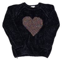 Tmavomodrý žinylkový svetr se srdíčkem Primark