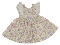 Smetanové květované plátěné šaty s mašlí 