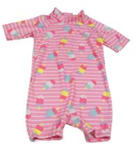 Růžovo-bílý pruhovaný kraťasový UV overal se zmrzlinami Kiki&Koko