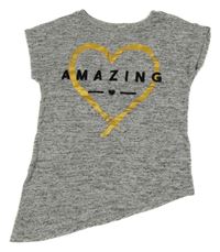 Šedé melírované úpletové asymetrické tričko se srdíčkem Tu