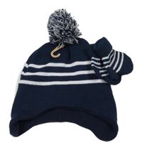 Nové - 2set - Tmavomodrá pletená podšitá ušanka s proužky + rukavice So Cute