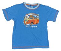 Modré melírované tričko s autobusem se zvířátky 