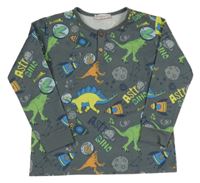 Tmavošedé žebrované pyžamové triko s dinosaury a planetami a raketami LUSANA