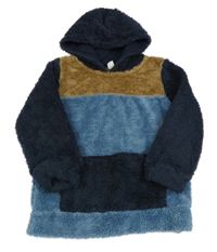 Modro-hnědo-tmavomodrá chlupatá mikina s kapsou a kapucí Topolino