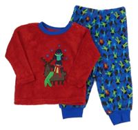 Červeno-cobaltově modré plyšové pyžamo s tučňáčky a sobem 