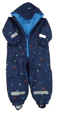 Tmavomodrá šusťáková jarní kombinéza s dinosaury a kapucí impidimpi