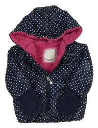 Tmavomodro-bílá puntíkatá šusťáková zateplená bunda s nápisem a volánky a kapucí ZEEMAN