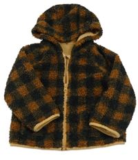Hnědo-černá kostkovaná huňatá zateplená bunda s kapucí Tu