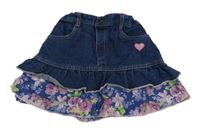 Tmavomodrá riflovo/plátěná sukně se srdíčkem a růžemi a volánky Kids