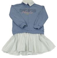 Modrošedo-bílé teplákovo/plátěné šaty s nápisy a límečkem RIVER ISLAND