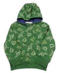 Tmavozelená mikina s dinosaury a kapsou a kapucí