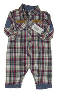 Nové - bílo-tmavomodro-červeno-hnědý kostkovaný overal s límečkem Matalan