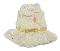 Smetanová kožešinová podšitá vesta s 3D květem a zlatými flitry a mašlí a límečkem Little Lass