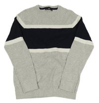 Světlešedo-tmavomodrý melírovaný žebrovaný svetr s bílými pruhy C&A