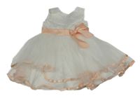 Bílo-meruňkové tylové slavnostní šaty s mašlí a květy iEFiEL