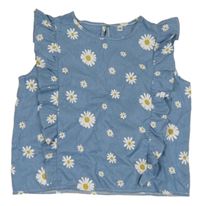 Modrá riflová crop halenka s kopretinami a volánky 