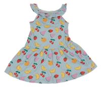 Světlemodré letní šaty s ovocem a melouny a jahůdkami a volánkem PRIMARK