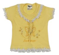 Žluto-bílé tričko s motýlkem a volánkem 