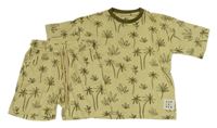 Nové - 2Set - Světleolivovo-tmavokhaki melírované oversize tričko s palmami a nášivkou + kraťasy  HOPSCOTCH