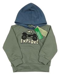 Khaki-modrá mikina s monster truckem a kapucí Benetton