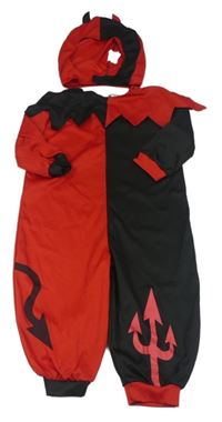 Kostým - 2set - Červeno-černý overal s límcem + čepice s rohy - ďábel