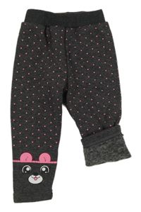 Tmavošedé melírované puntíkaté zateplené legíny s medvědy