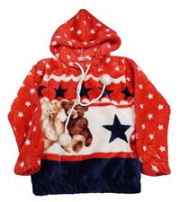 Červeno-bílo-tmavomodrá chlupatá mikina s medvědy a kapucí