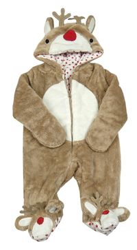 Hnědo-bílá chlupatá zateplená kombinéza s kapucí - sob Primark