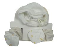 3set - Bílý pletený čepeček + bílé rukavičky s kuřaty + světlebéžové melírované