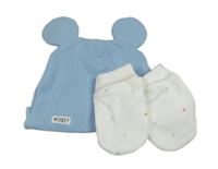 2set - Modrá žebrovaná čepice s oušky + bílé rukavičky s hvězdami