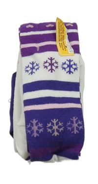 Nové - 2x punčocháče - fialové se srdíčky + bílo-fialovo-růžové pruhované s vločkami