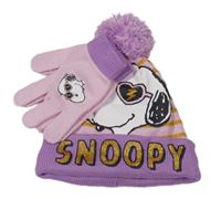 2set - Růžovo-zlatá pruhovaná čepice se Snoopym a bambulí + prstové rukavice
