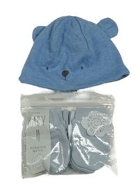 Nové - 5 set - modrá čepice s čumákem + 4x světlemodré bavlněné rukavice 