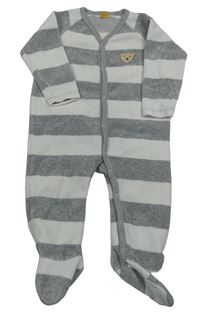 Šedo-bílý pruhovaný sametový overal s medvědem 