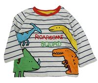 Bílo-tmavomodré pruhované triko s dinosaury Miniclub