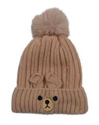 Světlerůžová pletená zateplená čepice s čumákem a bambulí 