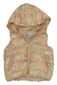 Smetanovo-barevná květovaná šusťáková zateplená vesta s kapucí Reserved