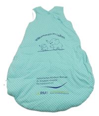 Modrý puntíkatý zateplený spací pytel s nápisem a slony 