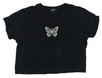 Černé crop tričko s motýlem New Look