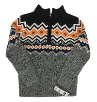 Černo-bílo-šedo-oranžový vzorovaný svetr Dunnes Stores