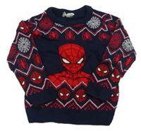 Tmavomodro-červený vzorovaný svetr se Spidermanem