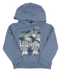 Šedomodrá mikina s příšerkami a kapucí 