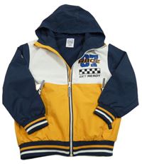 Tmavomodro-bílo-hořčicová šusťáková lehce zateplená bunda s číslem a kapucí Cool Club