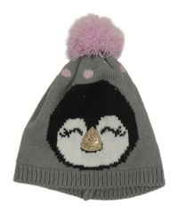 Šedo-růžová čepice s tučňákem a bambulí 