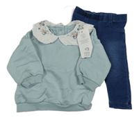 Nové - 2set - Světlemodrá mikina s květovaným límcem + Tmavomodré tregíny riflového vzhledu F&F